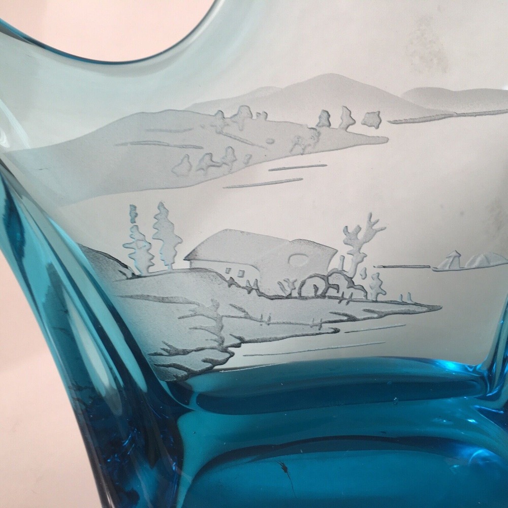 Blue Art Glass Etched Outdoor Scenery Stunning Unknown Artist - Picture 9 of 16